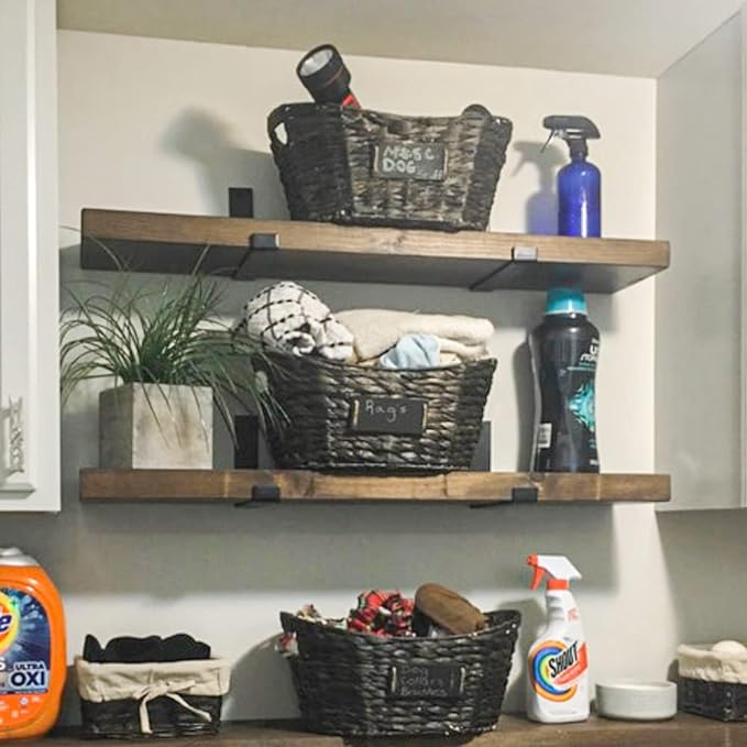 Rustic Shelves with J-Brackets Set of 2, Industrial Shelf, Kitchen Shelves, Solid Wood, Decorative Wall Storage, Heavy Duty, URBANDI (Dark Brown, 24Wx6D)