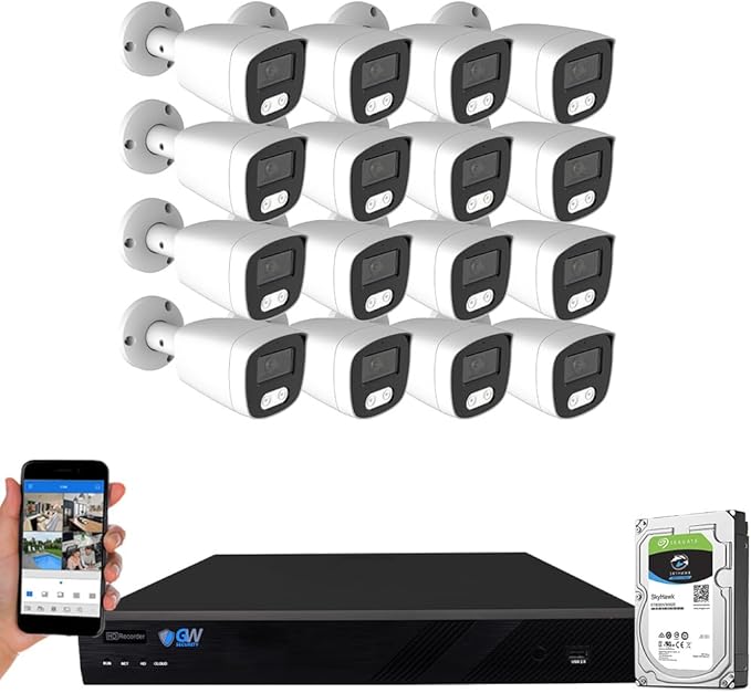 GW Security 8MP Full Time Color Night Vision Security Camera System with AI Face/Human/Vehicle Detection, 16CH 4K DVR and 16 x 3840TVL 8MP Outdoor Microphone Home Coaxial CCTV Cameras, 4TB Hard Drive