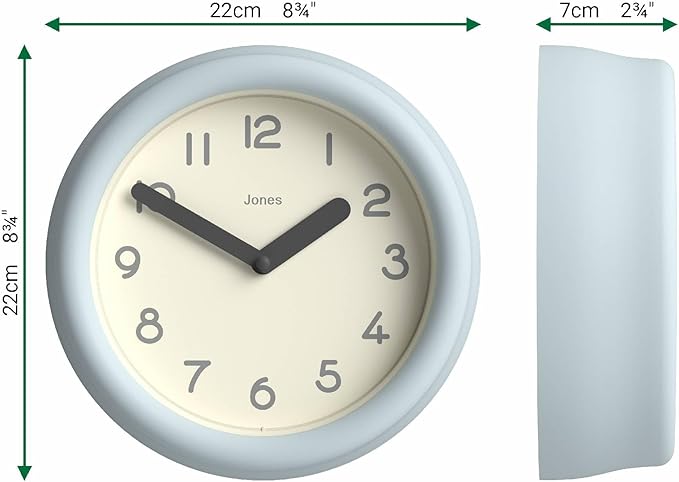 JONES CLOCKS® Fuze Wall Clock | Small Round Clock | Pale Blue | Playful Modern Design with Soft sculptural Presence | Ideal for Kitchens Living Rooms Kid's bedrooms