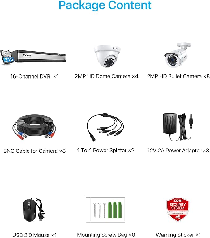 ZOSI 1080p 16 Channel Security Camera System Outdoor with AI Human Vehicle Detect, 12 x 2MP Weatherproof Surveillance CCTV Bullet Dome Camera, H.265+ DVR, 2TB HDD, 80ft Night Vision, 90° View Angle