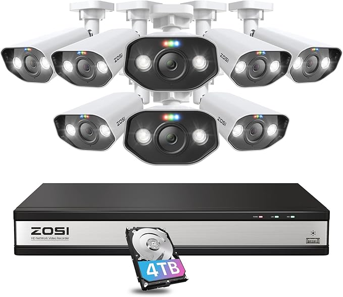 ZOSI 16CH 4K PoE Security Camera System with 2 Way Audio,H.265+ 8MP 16CH NVR with 4TB HDD for 24/7 Recording,8X 5MP PoE IP Cameras Indoor Outdoor with Person Vehicle Detection,Color Night Vision