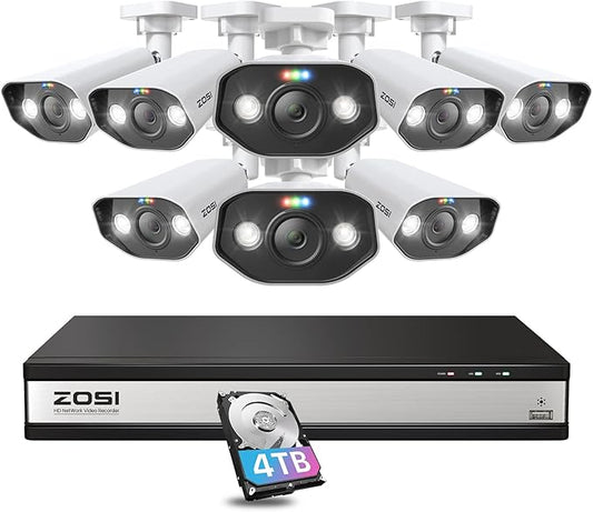 ZOSI 16CH 4K PoE Security Camera System with 2 Way Audio,H.265+ 8MP 16CH NVR with 4TB HDD for 24/7 Recording,8X 5MP PoE IP Cameras Indoor Outdoor with Person Vehicle Detection,Color Night Vision