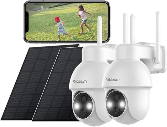 【2K】 Solar Security Cameras Outdoor Wireless, 2 Pack Outdoor Camera Wireless Solar Powered, Pan Tilt 360°WiFi Camera with Color Night Vision/PIR Sensor/2-Way Audio/Alexa/Google Assistant