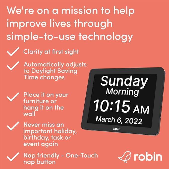 Robin Day Clock 2025 Dementia Clock with Custom Alarms & Calendar Reminders, Clocks for Seniors Helps with Memory Loss, Alzheimers, Dementia, Black