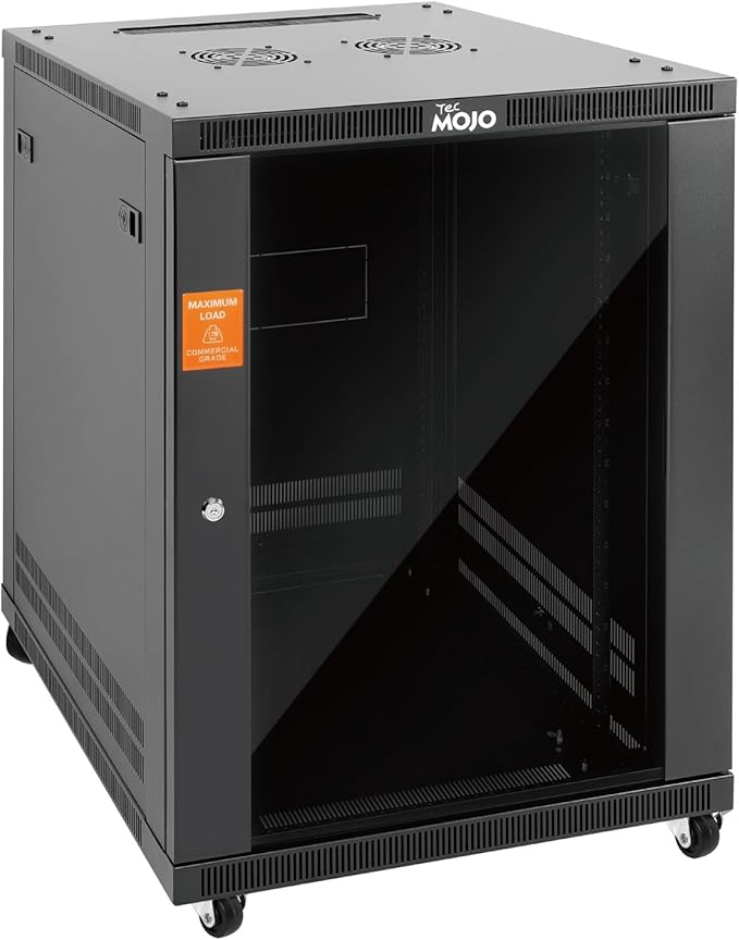 Tecmojo 15U Wall Mount Rack,15U Rack 23.6 Inch Depth,Hold Up to 176 Lbs,Enclosed Wall Mount Rack with 2 Colling Fans,for 19 Inch Network,Server and AV Gear,Glass Door(Elite Collection)