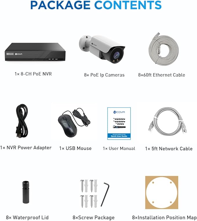 4COVR 4K PoE Security Camera System 8CH, 2-Way Audio & Smart Color Night Vision, 8X 8MP PoE IP Bullet Cameras, AI Human/Vehicle Detection, IP67 Weatherproof, 2TB NVR, 24/7 Recording, LY37YX8M0808-1