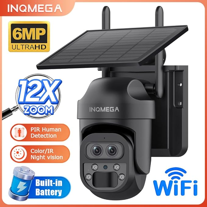 INQMEGA [ 12X Zoom ] 6MP Security Solar Cameras Outdoor, 2.4G WiFi Wireless Camera with PIR Motion Detection, Daul Lens, Color Night Vision, Spotlight Siren, No Subscription Required