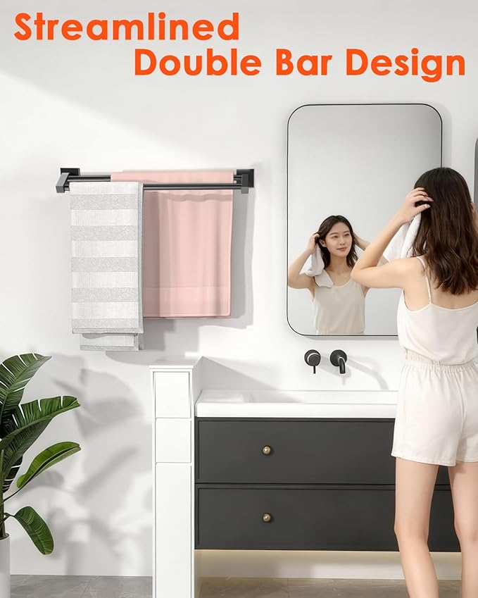 Alise Double Bath Towel Bars Towel Racks for Bathroom,Wall Mount Towel Holder Heavy Duty 16-Inch Towel Hanger Rail,GK9400-B SUS304 Stainless Steel Matte Black