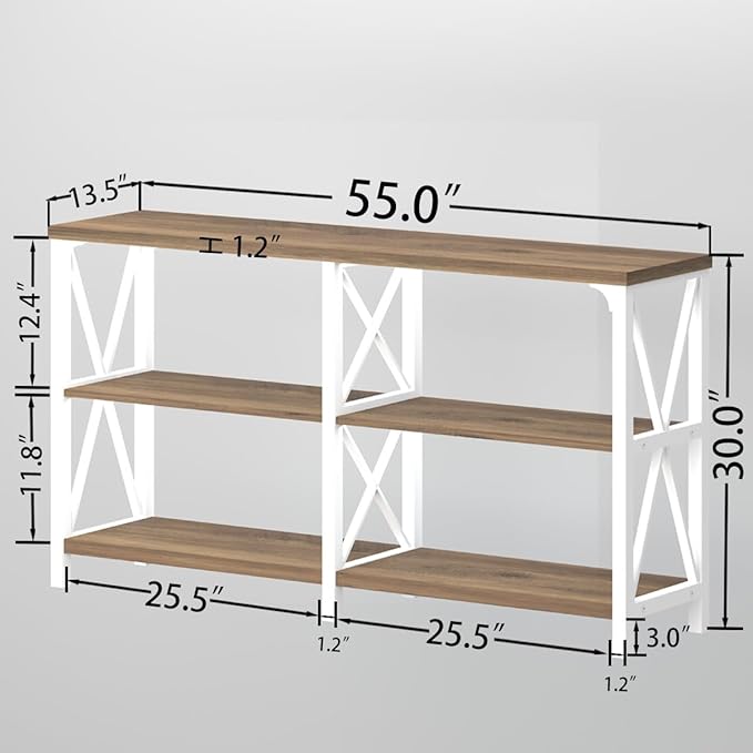 LVB Farmhouse Entryway Table, Industrial Wood Sofa Table with Storage Shelf, Modern Console Tables Behind Couch for Living Room, Wooden Hallway Foyer Table for Front Entry, White Rustic Oak, 55 Inch