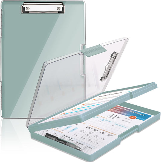 Clipboard with Storage,Heavy Duty Clip Boards 8.5x11 with 2 Storage Case,Clear Visible Top Panel Storage Clipboards,Side Open Clip Boards,Nursing Clipboard Folder Case for Office Supplies-Dark Green