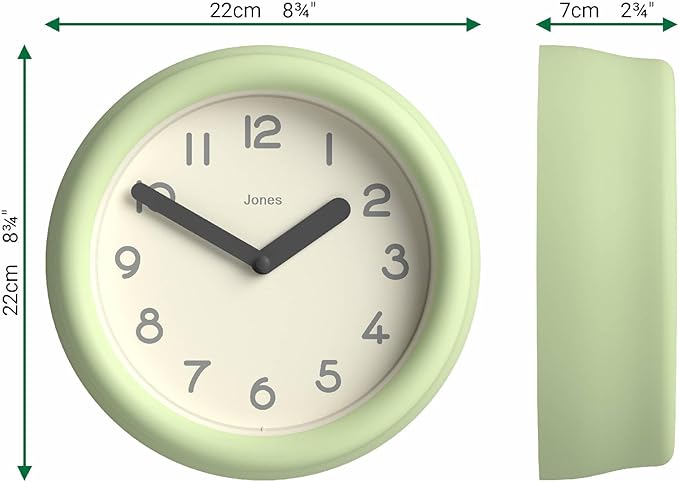 JONES CLOCKS® Fuze Wall Clock | Small Round Clock | Matcha Green | Playful Modern Design with Soft sculptural Presence | Ideal for Kitchens Living Rooms Kid's bedrooms