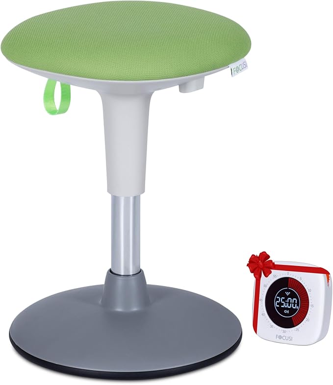 Wobble Stool for Kids Ages 7â12; Adjustable Height Wobble Stools for Classroom Seating with Soft Cushion; Flexible Wiggle Chair for Focus and ADHD Support + Bonus Visual Timer (Nature Green)