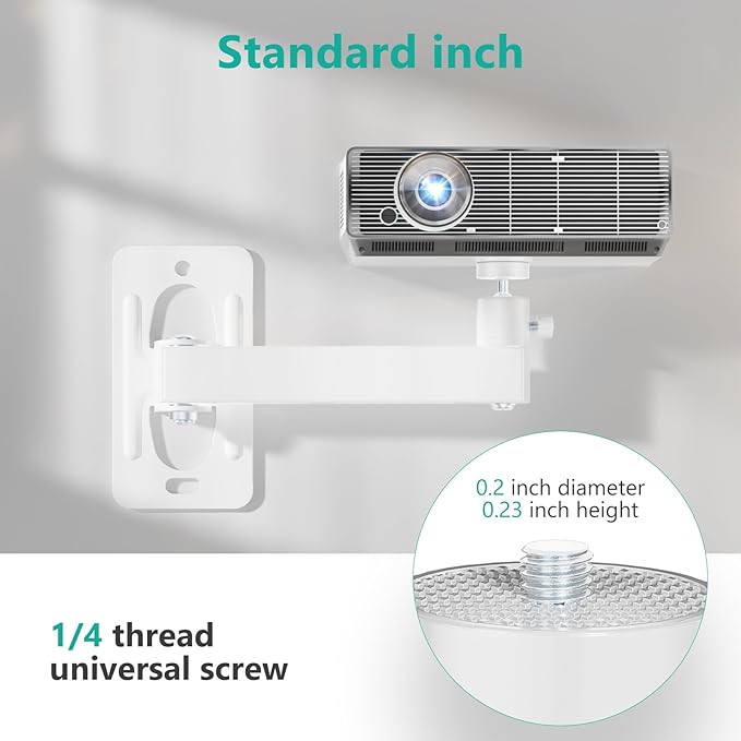 WALI Mini Porjector Wall Mount, Wall Projector Mount for 1/4" M4 M6 Screws, Fully Adjustable Projector Hanging Bracket Ceiling Mount Holder Holds up 4.4lbs, White (1330LM-PMWS)