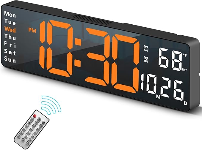 Abovsare Digital Wall Clock for Living Room Decor, Desk Alarm Clock for Bedroom, Large Wall Clock with Remote Control, Automatic Brightness Dimmer LED Clock with Date Temperature Week (Orange-B)