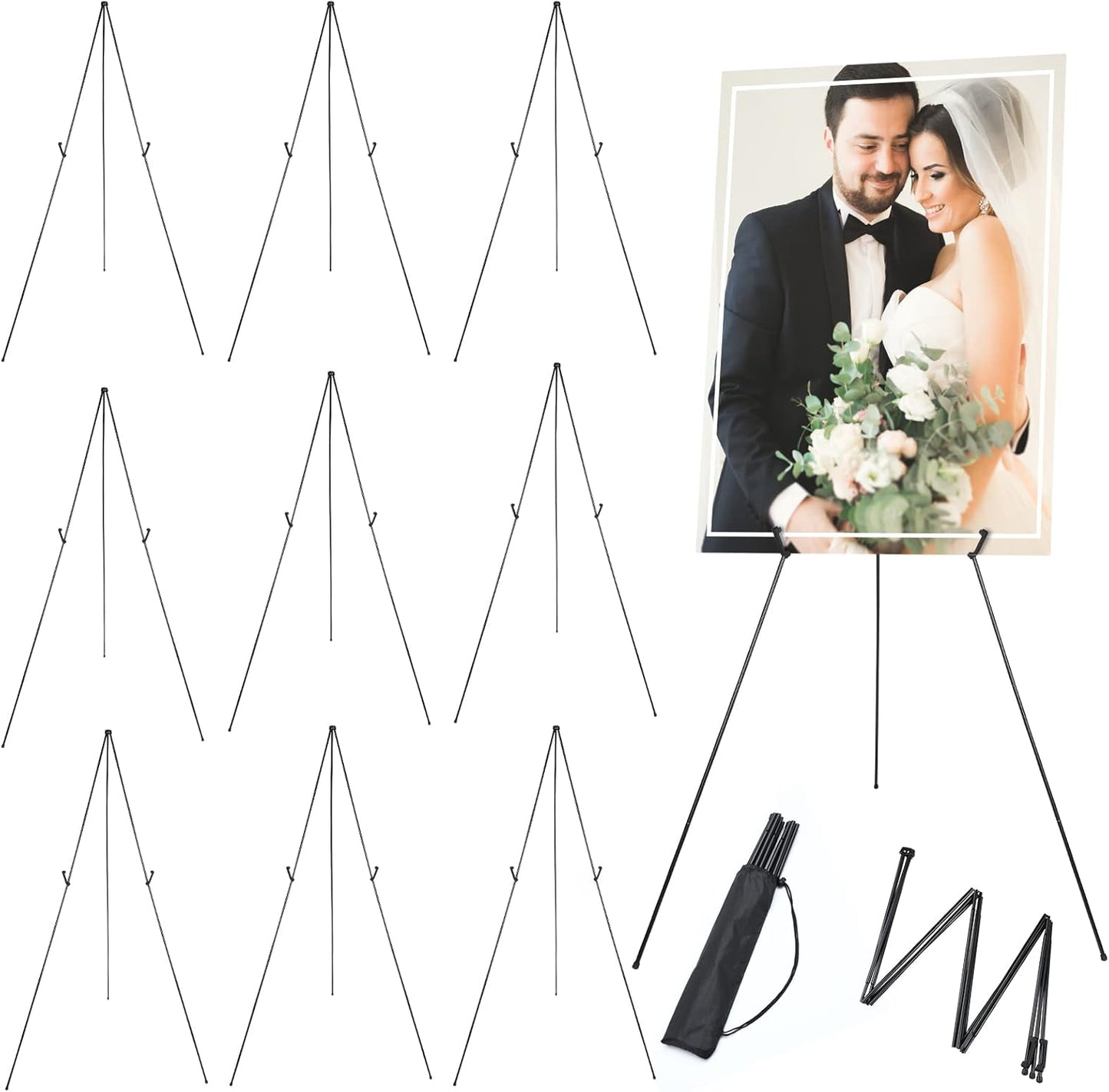 Yexiya 10 Pcs 65 Inch Easel Stand for Display Bulk, Foldable Metal Display Easel Holders with Bag Black Floor Tripod Portable for Wedding Sign Poster Artist Painting Canvas, Hold 44 Lbs