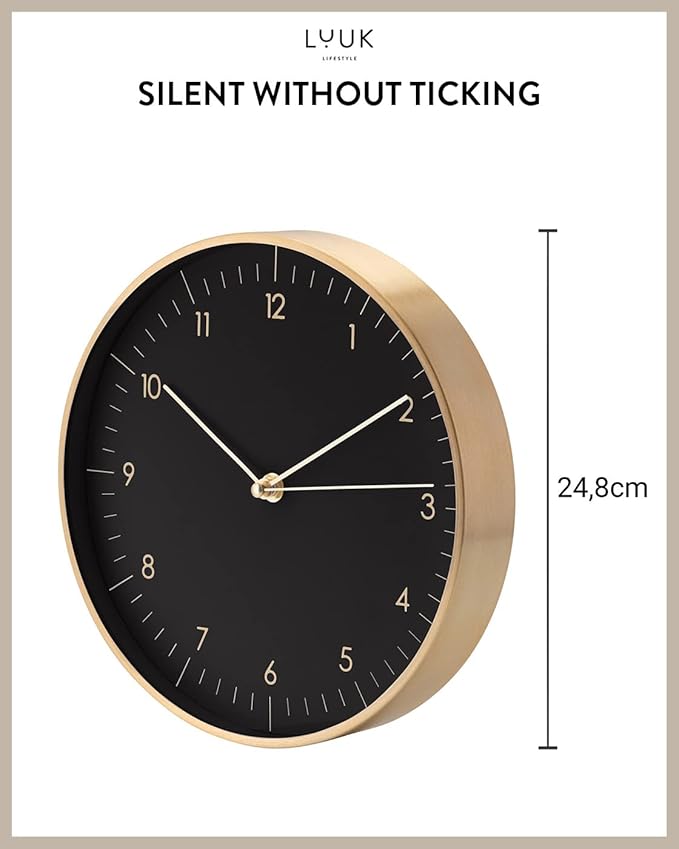 LUUK LIFESTYLE Modern Wall Clock with Silent Movement and no Ticking, Scandinavian Design, Gift idea, Decoration for Living Room, Kitchen, Hallway, in Black & Gold