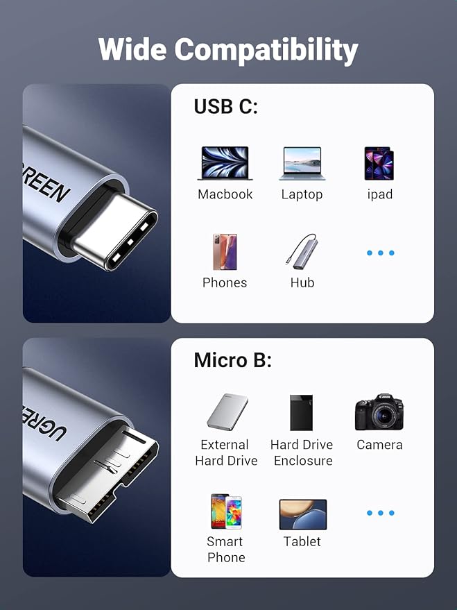 UGREEN 10 Gbps Micro B to USB C Hard Drive Cables, 3.3FT USB C to Micro B, External Hard Drive Cable Compatible with MacBook Pro/Air, iPad/Tablet, iPhone, Samsung Galaxy S24, WD Seagate etc