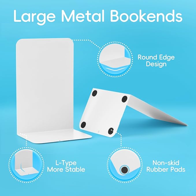 M&G Book Ends 1 Pair, White Large Metal Bookends for Shelves, L-Type Book Stopper for Heavy Books, Non-Skid Bookstand for Office Home School Supplies