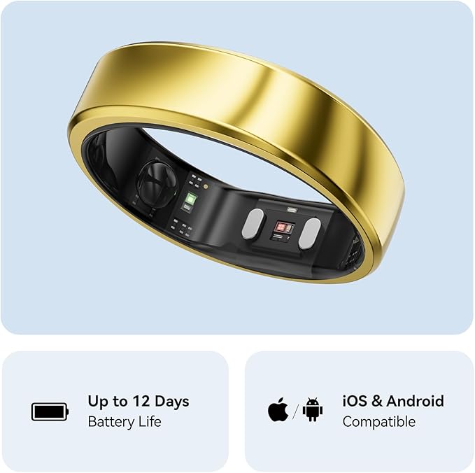 RingConn Gen 2, World’s First Smart Ring with Sleep Apnea Monitoring, No APP Subscription, 12-Day Battery Life, Stress/Heart Rate/Women's Health Tracker, Android & iOS Compatible (Gold, Size 8)