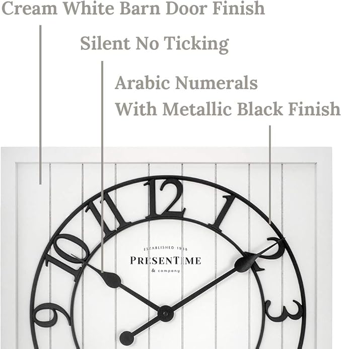 Presentime & Co 21" Farmhouse Square Shiplap Barn Door Wood Clock - White, Arabic Numeral. Home Decoration/Wall Decoration/Farmhouse Décor for Living Room, Dining Room, and Entryway.
