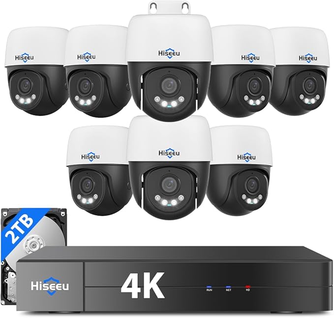 [4K+360° View] Hiseeu 4K PoE Security Camera System, 8Pcs 8MP PoE PTZ Wired Camera Outdoor, Human Vehicle Detect, 2-Way Audio, Color Night Vision, 16CH Expandable, 2TB HDD for 24/7 Home Surveillance