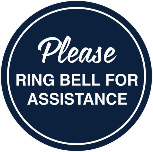 Signs ByLITA Circle Please Ring Bell For Assistance Wall or Door Sign | Easy Installation | Front Desk Reception Sign (Navy Blue/White) - Medium (5 Pack)