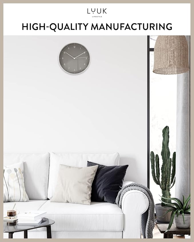 LUUK LIFESTYLE Wall Clock with Silent Movement, Minimalist Scandinavian Design, Gift for Moving-in, Arabic Numerals Easy to Read, Dark Grey and Silver