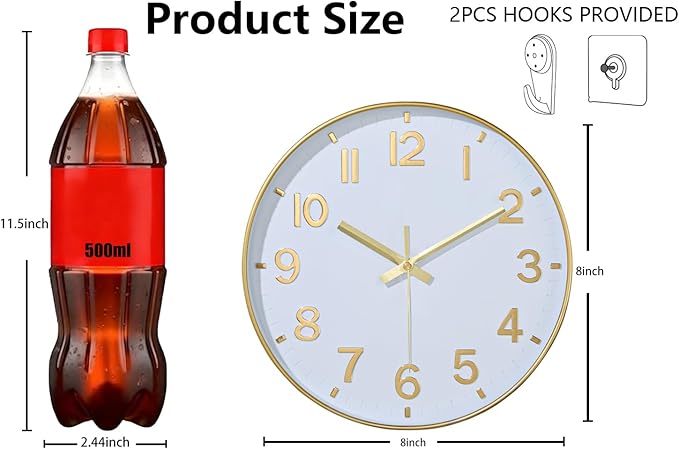 Gold Wall Clock, 8 Inch Wall Clocks Battery Operated, Round Modern Non Ticking Silent Digital Analog Small Wall Clock for Bedroom Living Room Kitchen Office Gym Classroom Outdoor Clocks