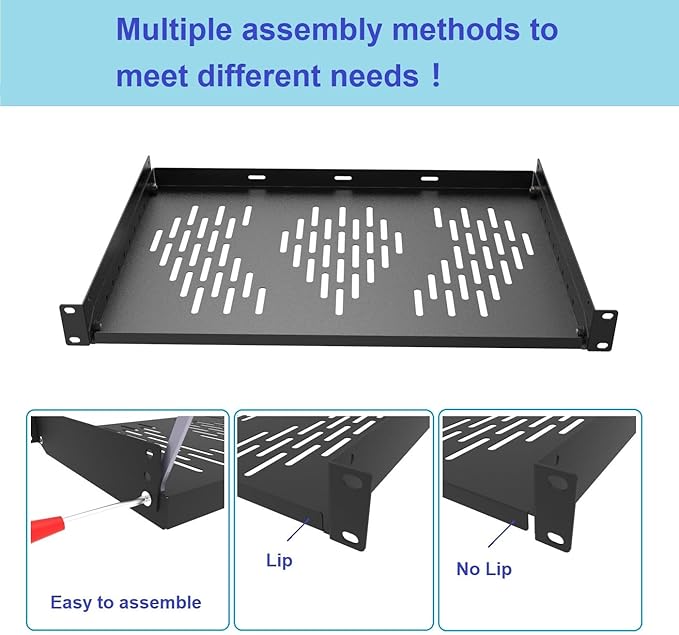 Beiyier 2PCS 1U Server Rack Shelf, Suitable for 19" Network Equipment Racks and Cabinets, Ventilated Cantilever Tray, Depth of 12 inches, Well-Ventilated (Black)