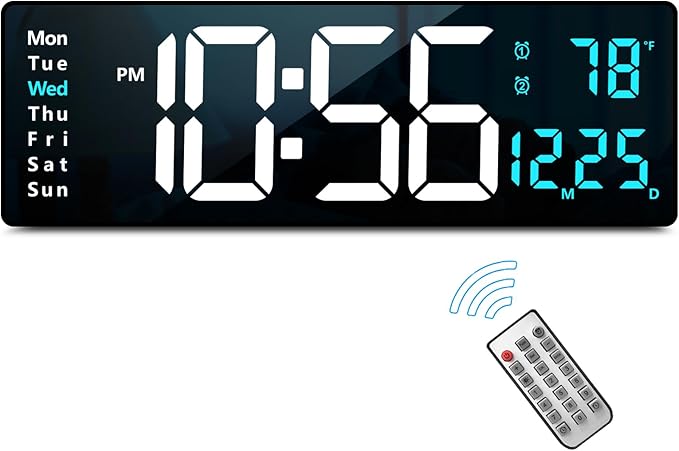 Abovsare 16.2 Inch Large Display Wall Clocks, LED Digital Clock with Remote Control for Living Room Decor, Automatic Brightness Dimmer Clock with Date Week Temperature (Blue)