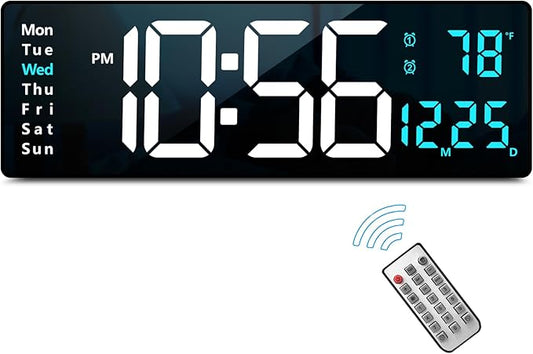 Abovsare 16.2 Inch Large Display Wall Clocks, LED Digital Clock with Remote Control for Living Room Decor, Automatic Brightness Dimmer Clock with Date Week Temperature (Blue)