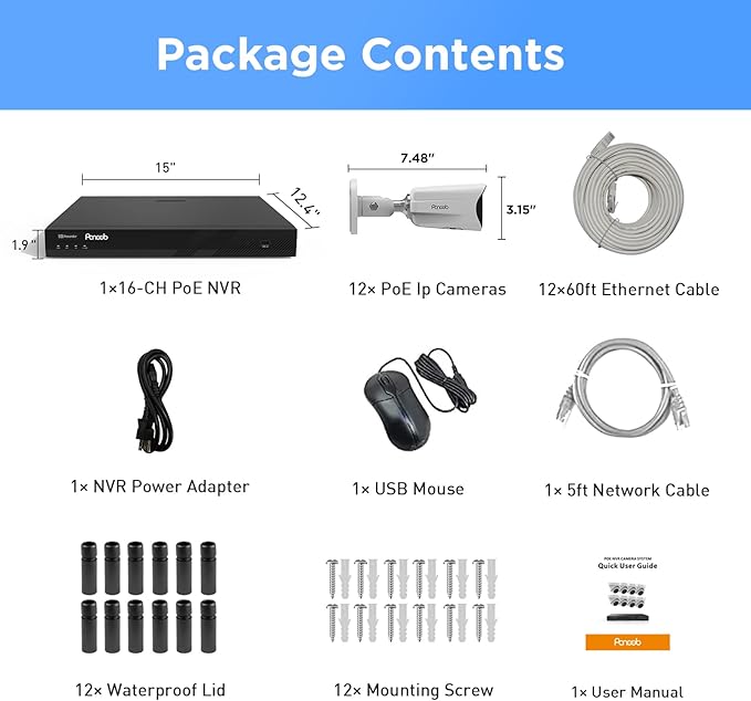 4K Security Camera System 16 Channel 4TB HDD, 12 8MP PoE Commercial IP Bullet Cameras with Spotlight Color Night Vision, 2 Way Audio, AI Human Vehicle Detection, Remote Access, PB65A1216-8MD