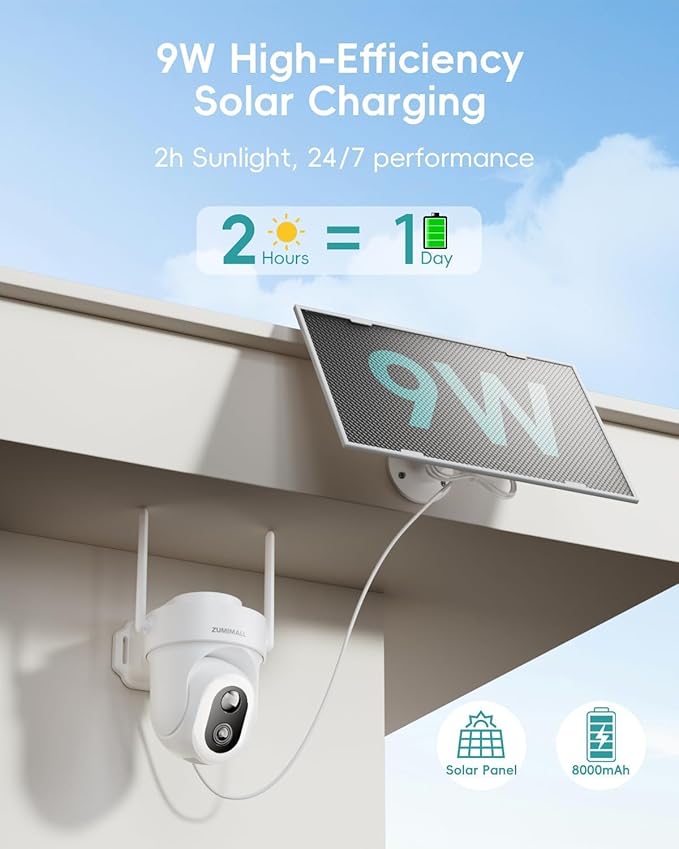 ZUMIMALL 9W Solar Security Cameras Wireless Outdoor, AOV 24/7 Recording Cameras for Home Security, 360° View, 2K Color Night Vision, 2-Way Talk, 2.4GHz WiFi, Auto Tracking, SD/Cloud/Alexa/AI (2-Pack)