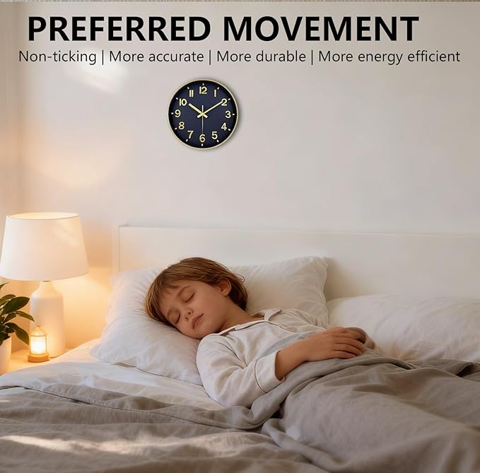 Modern Wall Clock, 10 Inch Digital Wall Clocks Battery Operated, Round Non Ticking Silent Analog Clock for Bedroom Living Room Kitchen Office Gym Classroom Decor, Gold Navy Blue Battery Clock