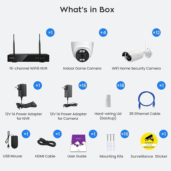 xmartO 16CH 16 Pcs Home Security Camera Kit, 8 * 2K HD Dome Camera and 8 * 2K 3MP Super HD WiFi Home Security Camera, 2-Way Audio, Night Vision, 24/7 Surveillance Camera, No Monthly Fee