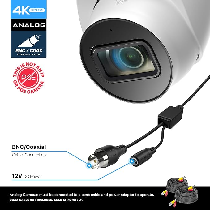 Amcrest Analog 4K Outdoor Security Camera, Turret 8MP @15fps CCTV-Coax-BNC, 65ft Night Vision, 125° Angle, Built-in Mic, White (AMC4KDM28-W-V3), (Not an IP Camera) DVR Required, Not Included