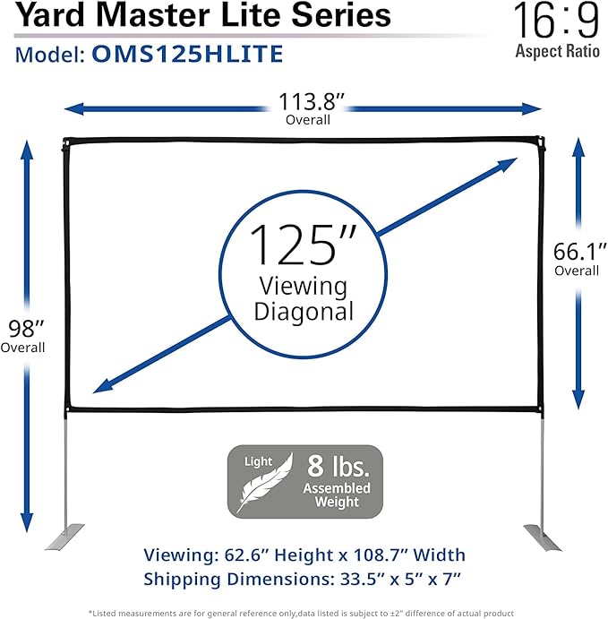 Elite Screens Yard Master Lite, 125-inch Outdoor Projector Screen 16:9 Double Sided Wrinkle-Free Foldable Portable Indoor Movie Projection Screen, | US Based Company 2-Year Warranty,OMS125HLITE