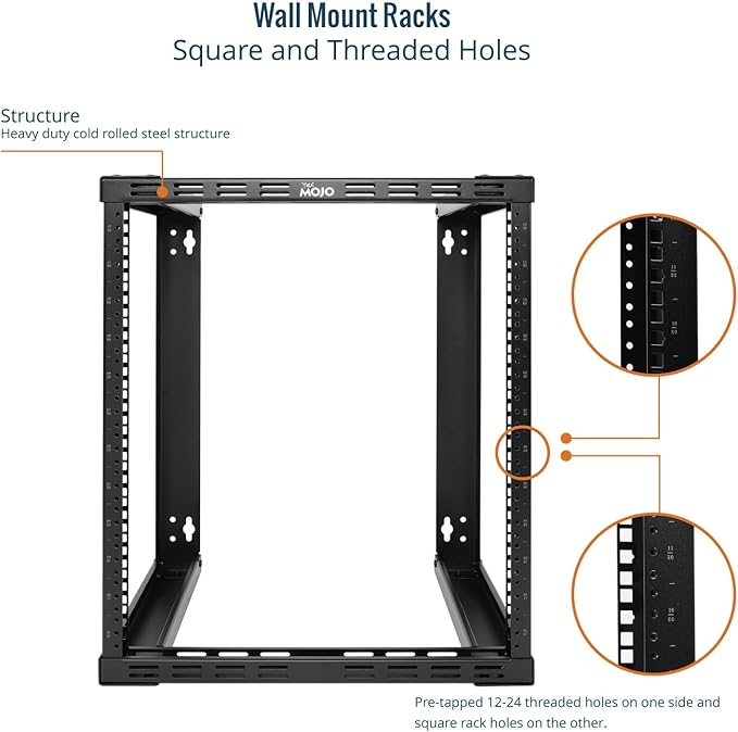 Tecmojo 12U Wall Mount Rack, Wall Mount Network Rack 15.8in Depth, Open Frame Server Rack for 19in IT/AV/Data/Home Equipment, Black
