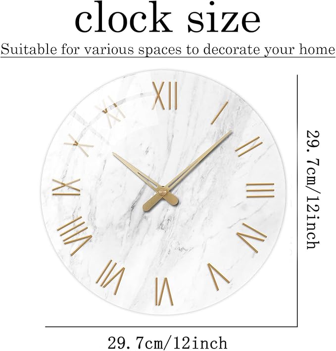 White Small Wall Clocks Battery Operated Marble Analog Clock for Bedroom 12 Inch Round Silent Wall Clock Modern