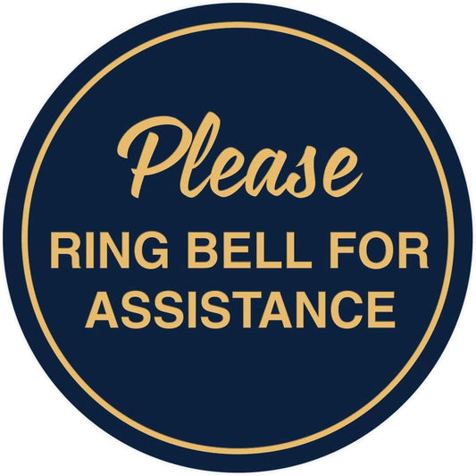 Signs ByLITA Circle Please Ring Bell For Assistance Wall or Door Sign | Easy Installation | Front Desk Reception Sign (Navy Blue/Gold) - Small (1 Pack)