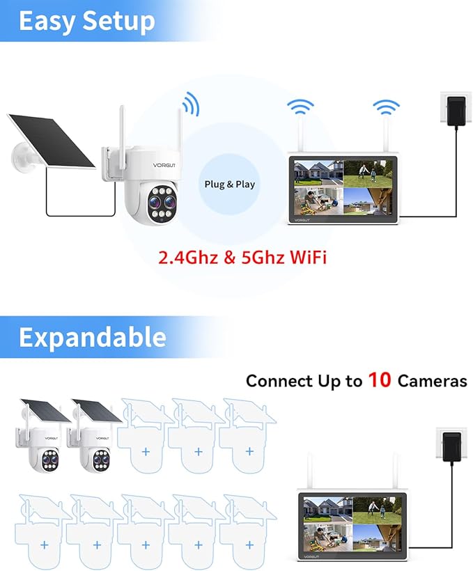 Security Camera Wireless Outdoor System with Monitor, 2pcs Dual Lens 10X Optical Zoom PTZ Cameras for Home Surveillance, Color Night Vision, Auto Tracking, Human Detection, 10CH NVR, 500GB HDD