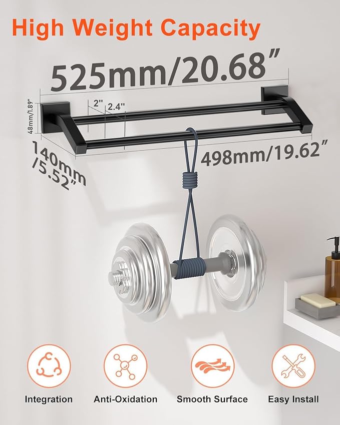Alise Bath Double Towel Bars Towel Racks for Bathroom,Wall Mount Towel Holder 20-Inch Heavy Duty SUS304 Stainless Steel Towel Hanger Rail,GK9500-B Matte Black