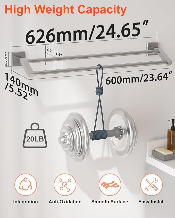 Alise Bath Double Towel Bars Towel Racks for Bathroom,Wall Mount Towel Holder Heavy Duty SUS304 Stainless Steel Towel Hanger Towel Rail,Brushed Nickel,24 Inch
