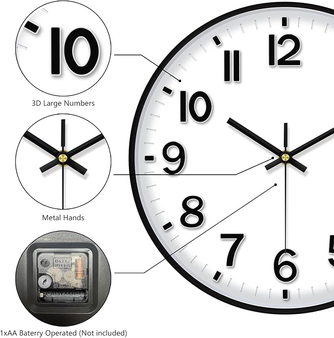 Modern Wall Clock, 10 Inch Digital Wall Clocks Battery Operated, Round Non Ticking Silent Analog Clock for Bedroom Living Room Kitchen Office Gym Classroom Decor,Black Battery Clock