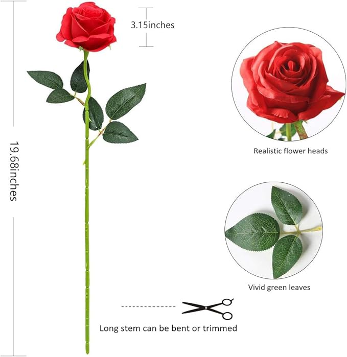 Red Fake Roses Artificial Flowers - 10 Pcs Fake Artificial Roses Silk Flowers with Stems for Home Wedding Hotel Office Centerpiece Decor