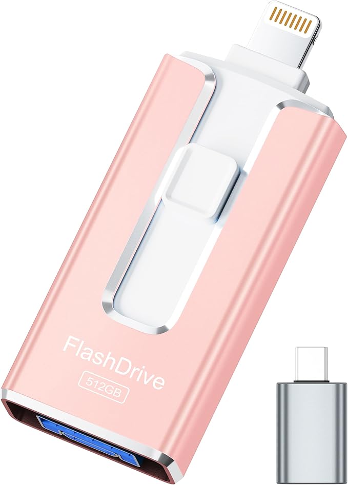 MFi Certified 512GB Flash Drive for iPhone iPad, Photo Stick for External Memory Storage, Easily Back Up and Save Files, USB Memory Stick Thumb Drive for iPhone/iPad/Android/PC (Light Pink, 512GB)