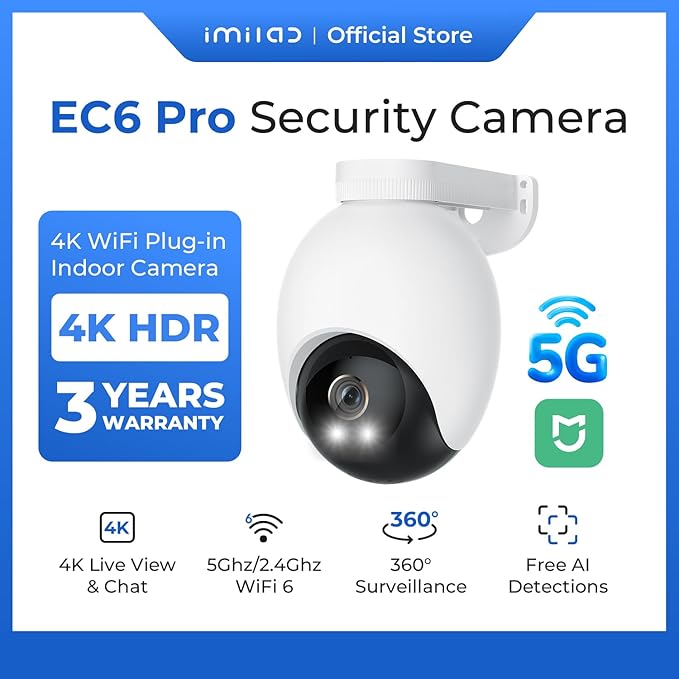 IMILAB EC6 Pro 4K Wired Outdoor Security Camera, 5GHz WiFi Plug-in Outdoor Camera for Home Security w/Spotlight, 360° Rotation, Free Detect & Tracking, Waterproof, 24/7 Local Recording, No Monthly Fee