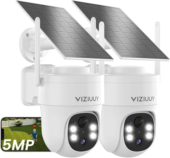 5MP Solar Security Camera Outdoor, Wireless Battery Powered Security Camera with 360°View, Pan and Tilt, Color Night Vision with Floodlight,PIR Human Detection,Compatible with Alexa(2 Pack)