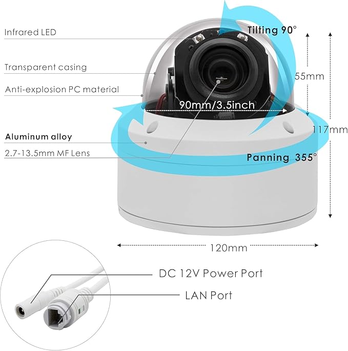IP Security 4K 8MP H.265 POE PTZ Dome Camera, 5X Optical Zoom, 2.7-13.5mm Lens, Indoor/Outdoor Network IP Camera, Pan 355° Tilt 90°, IP66 Waterproof, 98ft Night Vision, Motion Detection
