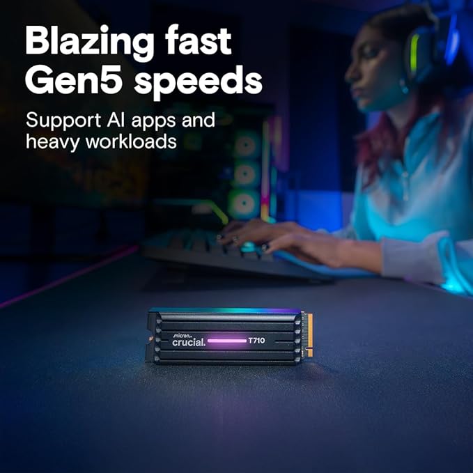Crucial T710 PCIe Gen5 NVMe 1TB SSD – Heatsink, Up to 14,900 MB/s, Laptop & Desktop Compatible (PC), for Creatives and Hardcore Gamers, Solid State Drive, Includes 1Mo Adobe CC – CT1000T710SSD5-01